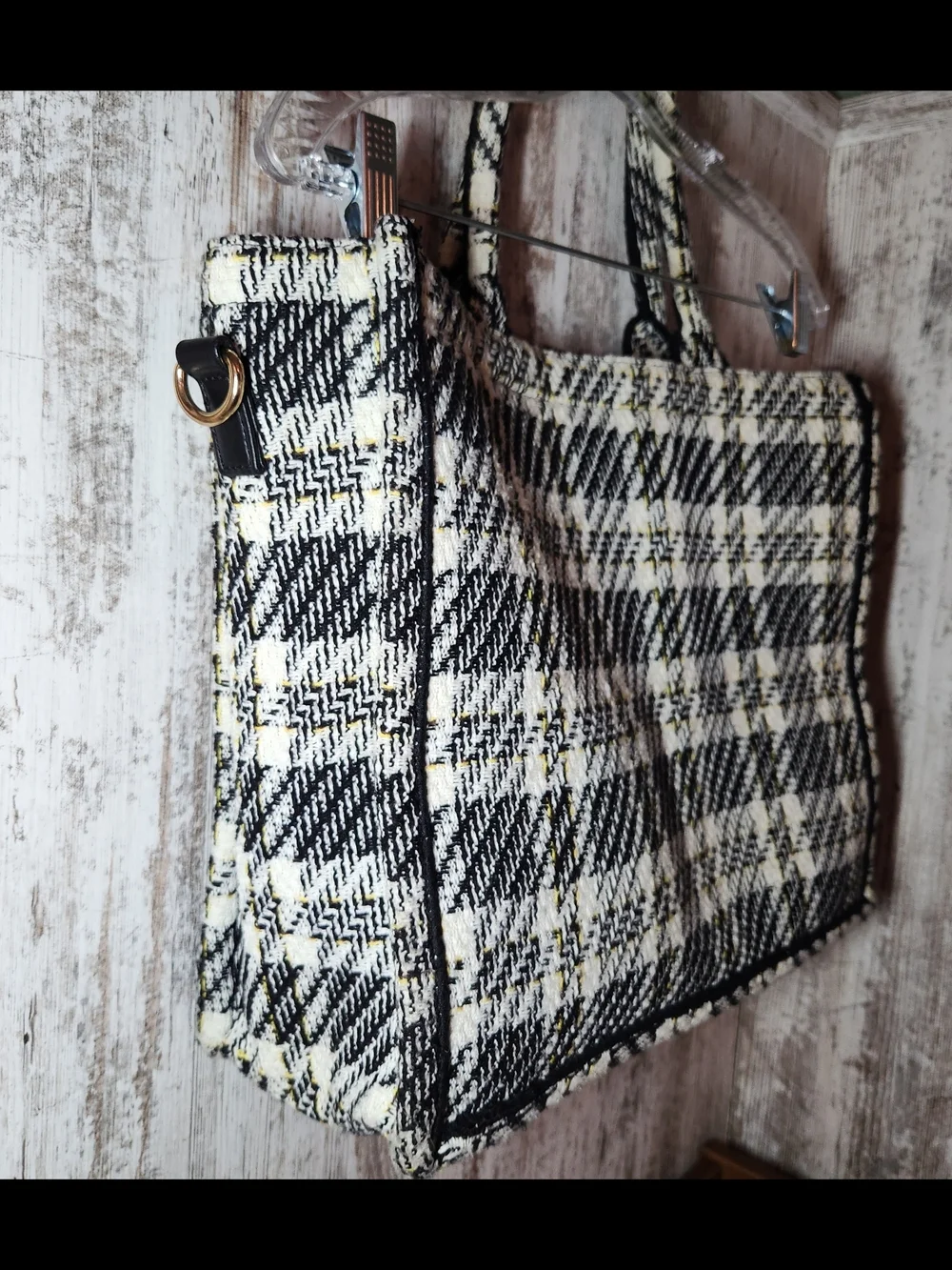 Black, Cream & Yellow Tweed Plaid Check Work Office Tote With Smiley Face